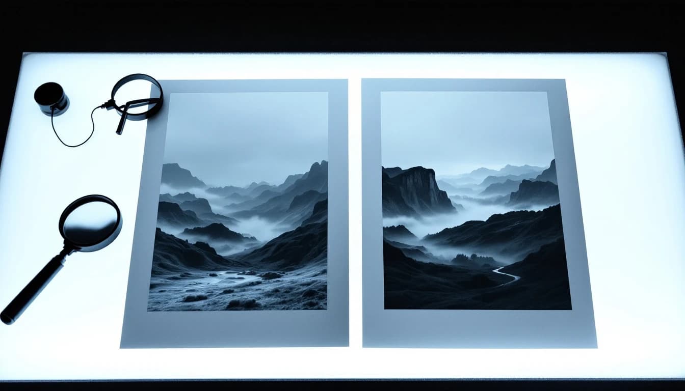 Two contact sheets side by side on a light table, one of studio photographs and one of generated scenes