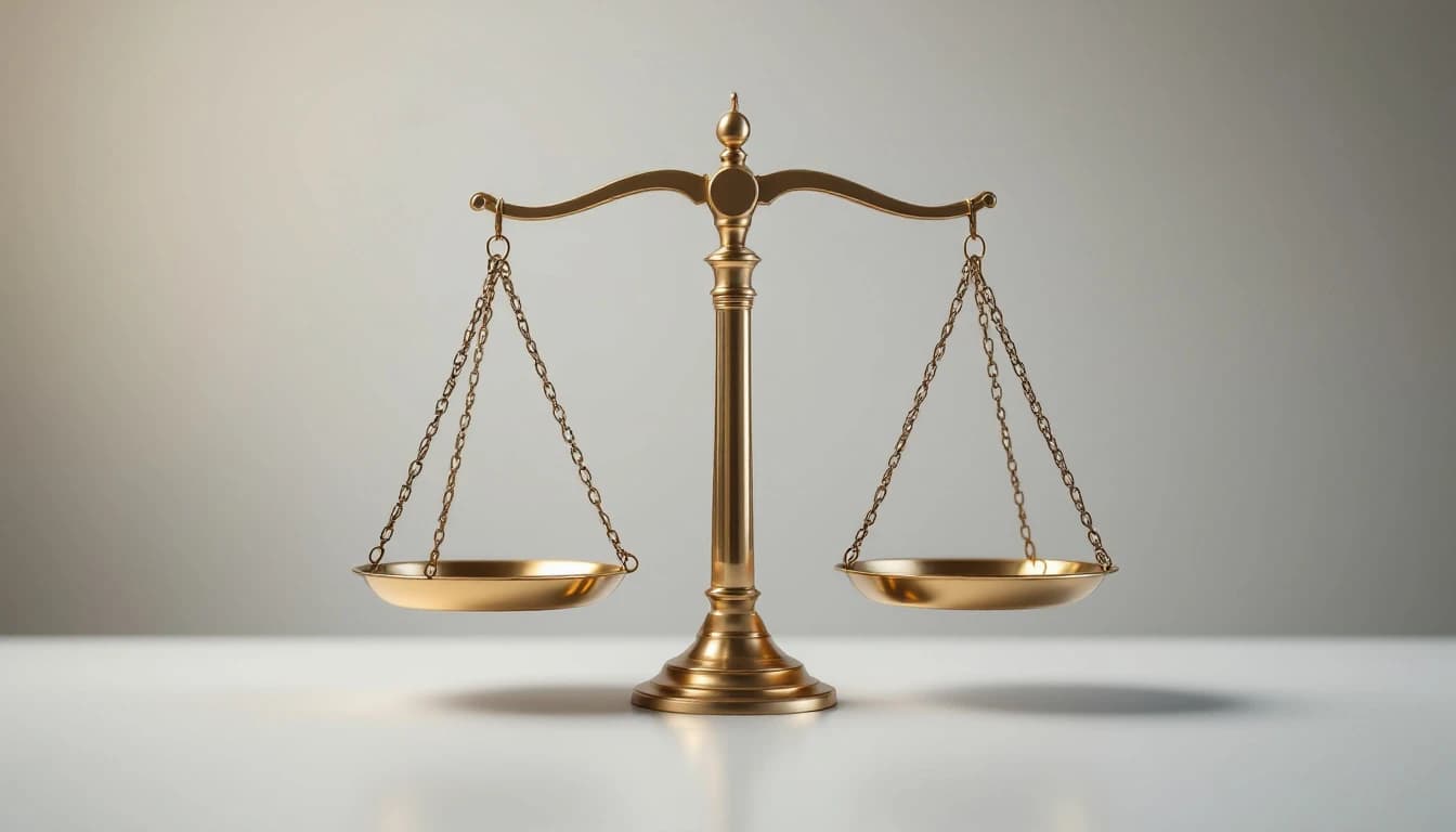 A small polished brass balance scale with two shallow pans hanging level on a pale grey surface