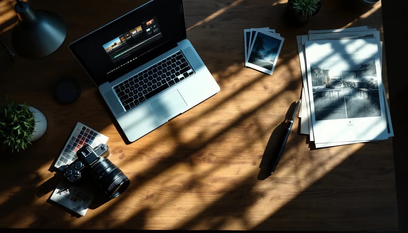 A photographer's desk with a laptop showing an image editing timeline beside a camera and colour swatches