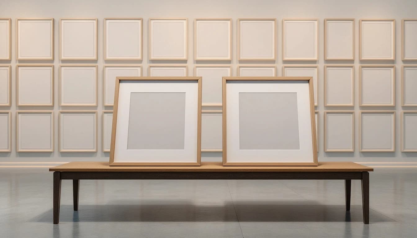 Two blank mounted prints in light wooden frames propped side by side on a gallery bench, a wall of empty frames behind them